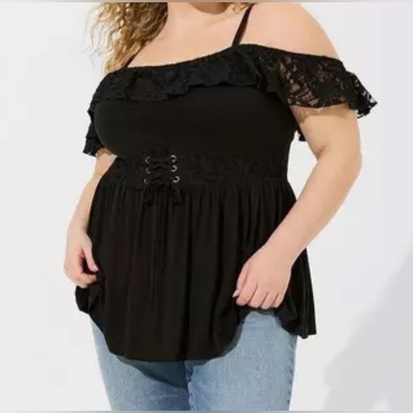 Torrid Vintage Slub Lace Up Corset Waist Babydoll Cami Black Lace Trim Strappy - Picture 2 of 13